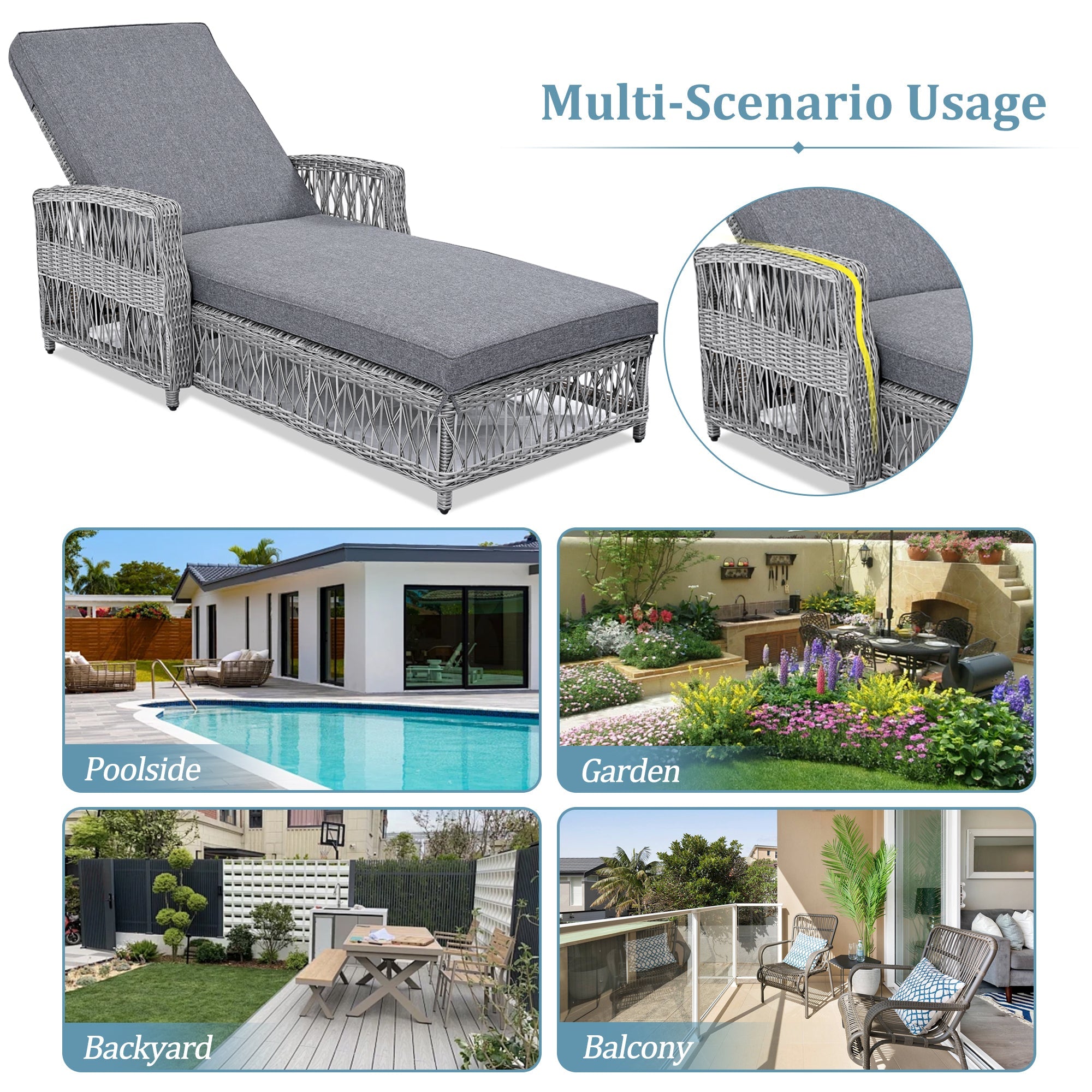 2 Pieces Long Reclining Chaise, Outdoor Wicker Lounge with Armrests, Patio