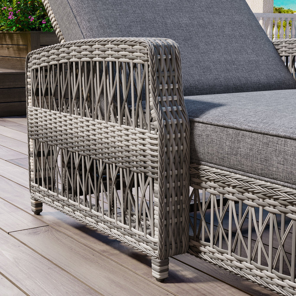 2 Pieces Long Reclining Chaise, Outdoor Wicker Lounge with Armrests, Patio