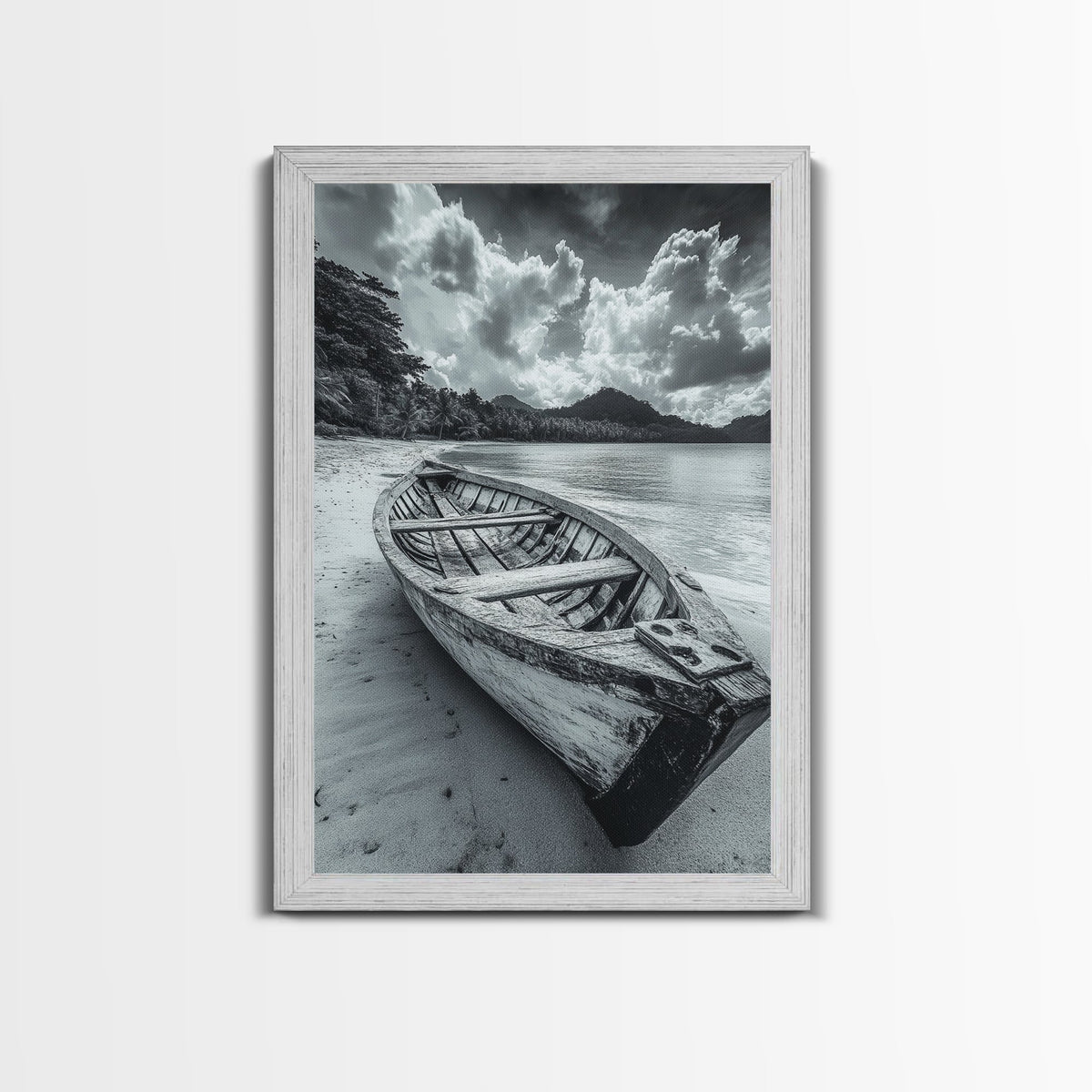 Abandoned Rowboat Coastal Black & White Canvas Print