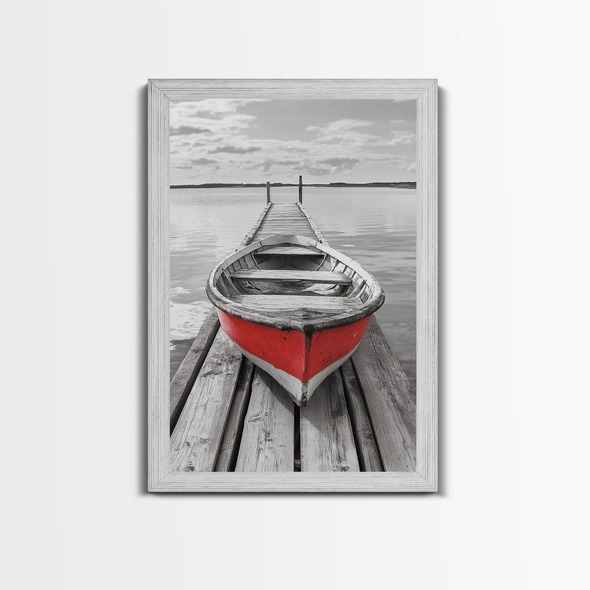 Red Rowboat Dock Minimalist Lake Scene Canvas Print