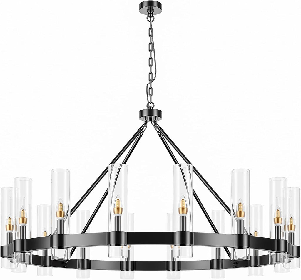 48 Inch Black Wagon Wheel Chandelier with Glass Shade