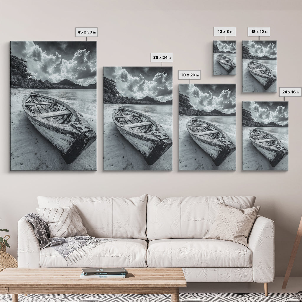 Abandoned Rowboat Coastal Black & White Canvas Print