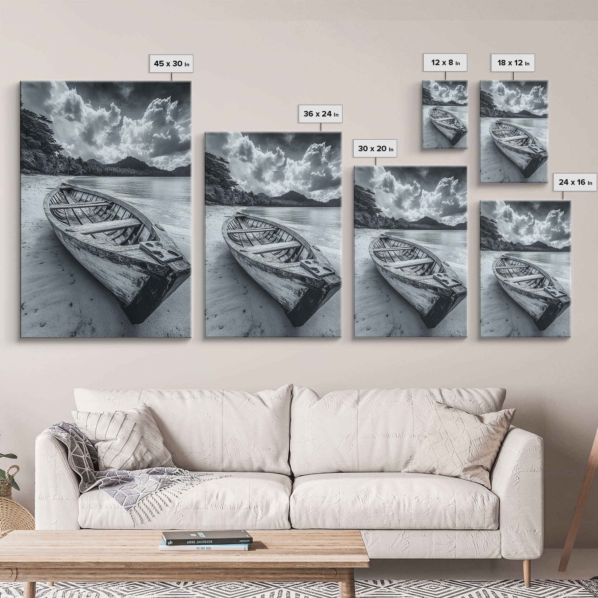 Abandoned Rowboat Coastal Black & White Canvas Print
