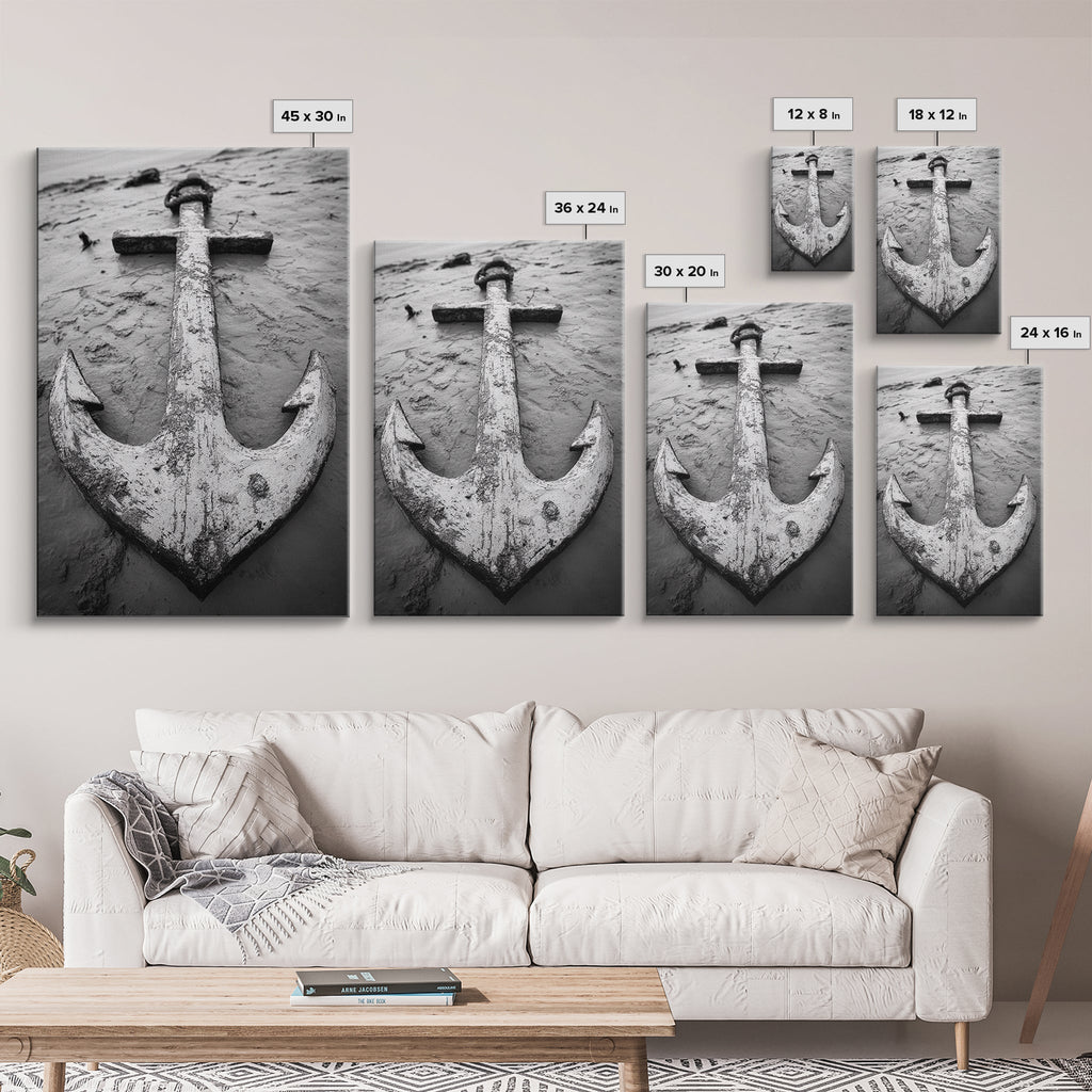 Abandoned Anchor Nautical Black & White Canvas Print
