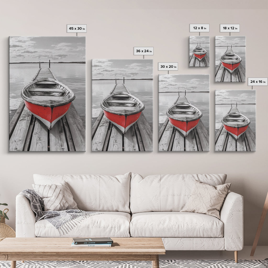Red Rowboat Dock Minimalist Lake Scene Canvas Print