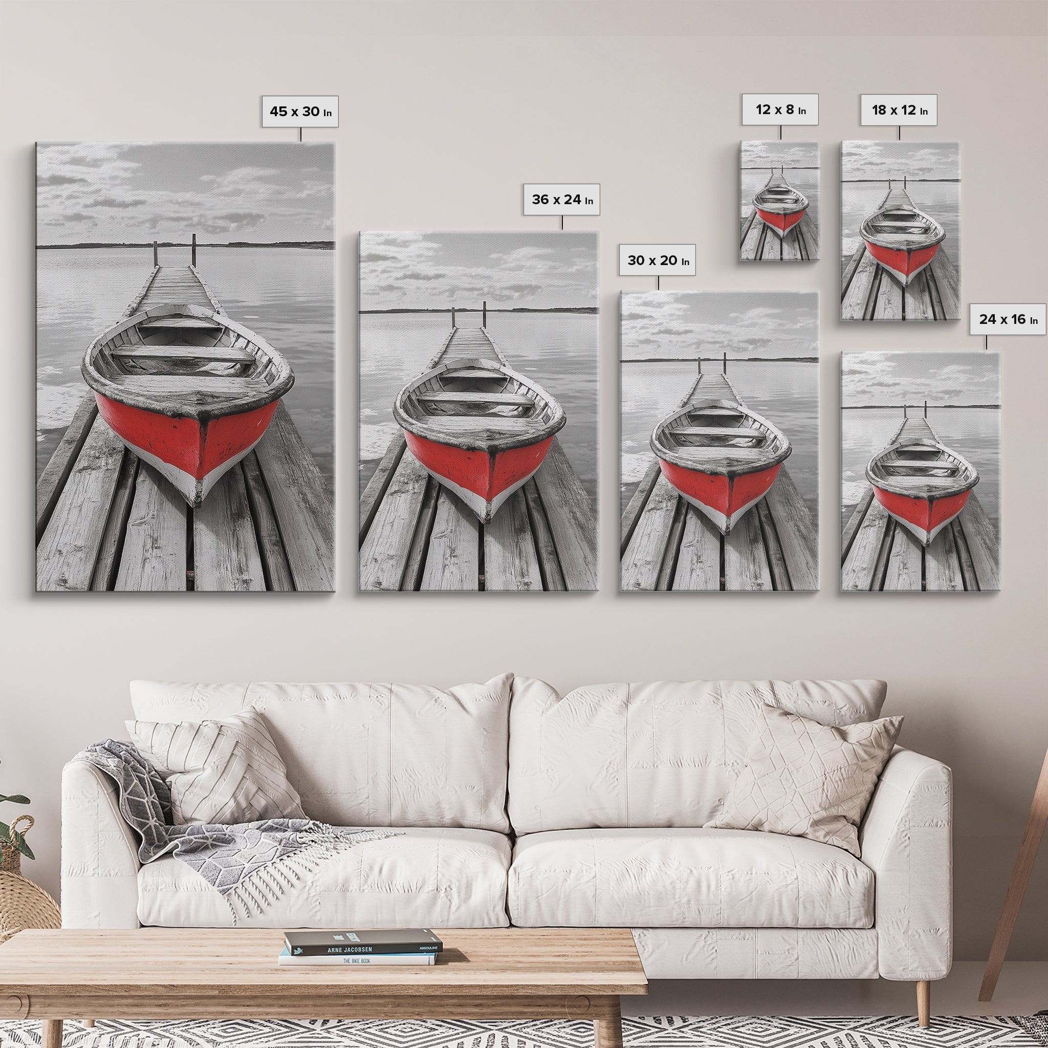 Red Rowboat Dock Minimalist Lake Scene Canvas Print