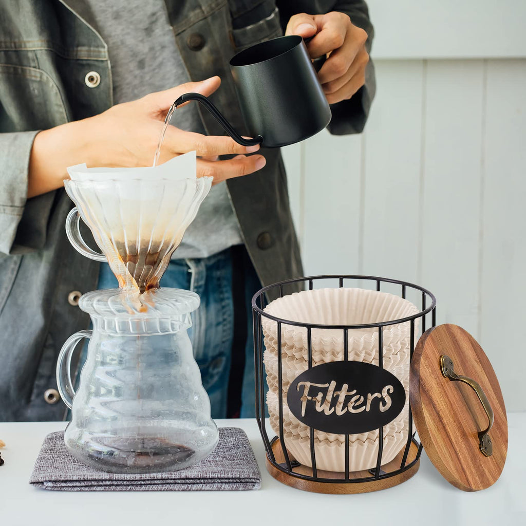 Rustic Coffee Filter Holder with Lid – Metal & Acacia Wood