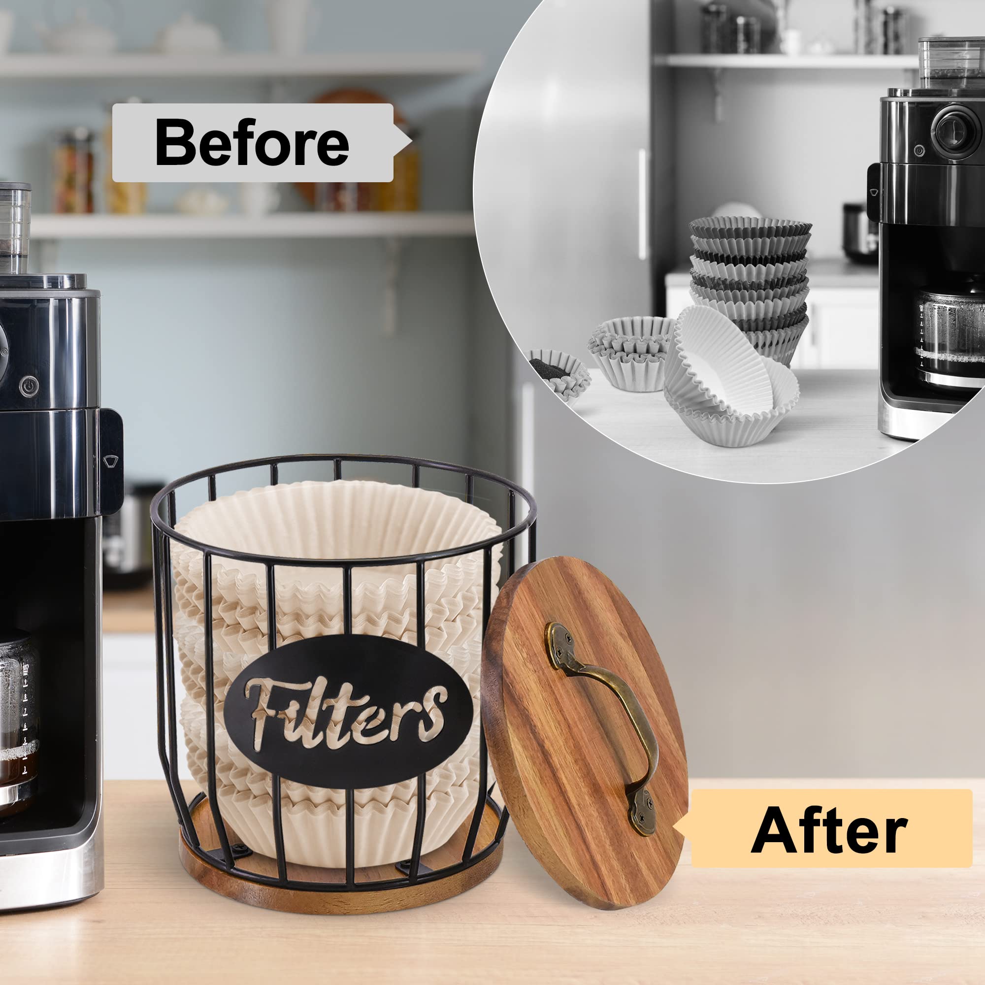 Rustic Coffee Filter Holder with Lid – Metal & Acacia Wood