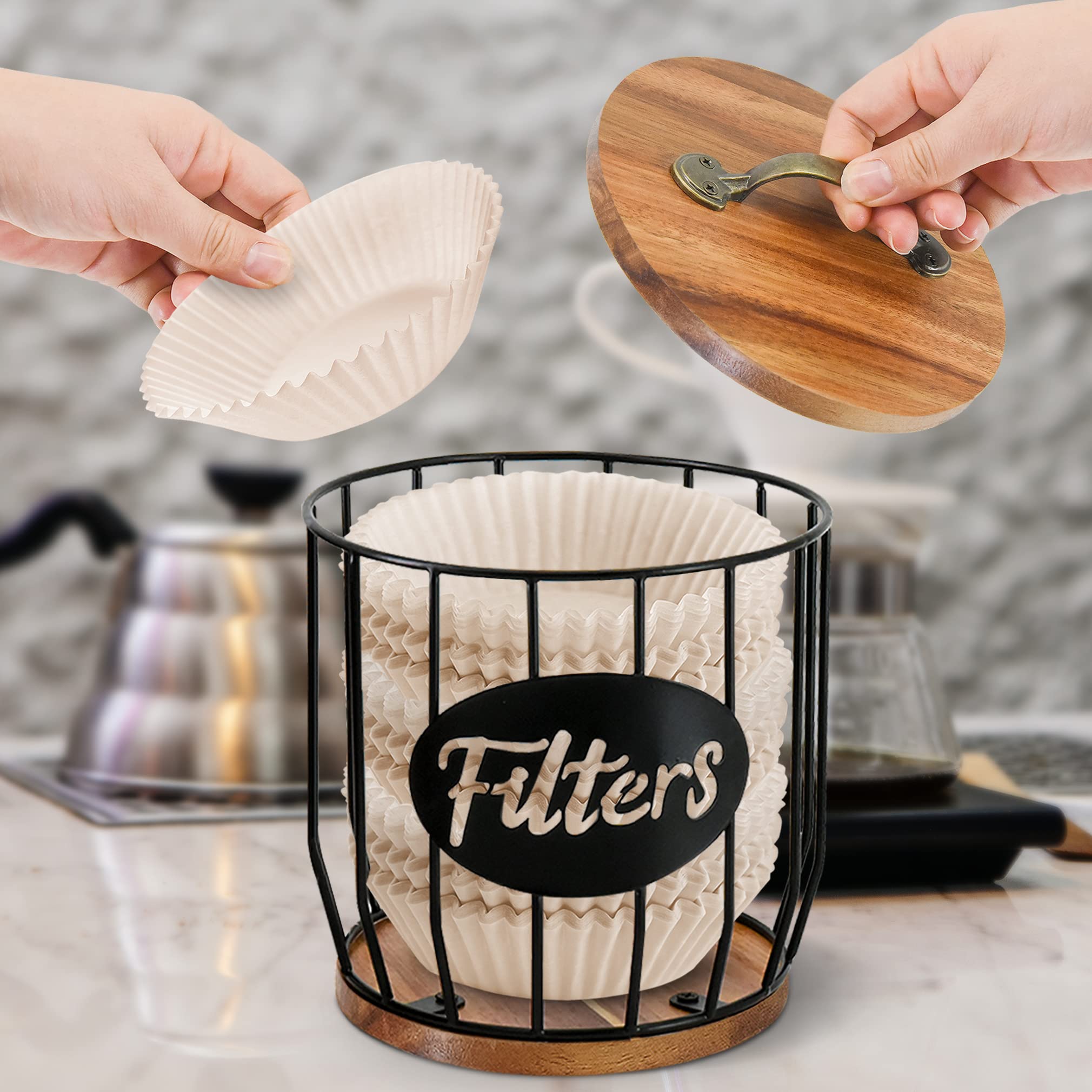 Rustic Coffee Filter Holder with Lid – Metal & Acacia Wood