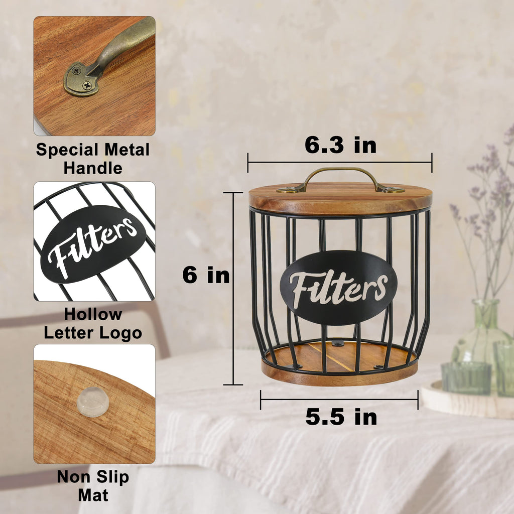 Rustic Coffee Filter Holder with Lid – Metal & Acacia Wood
