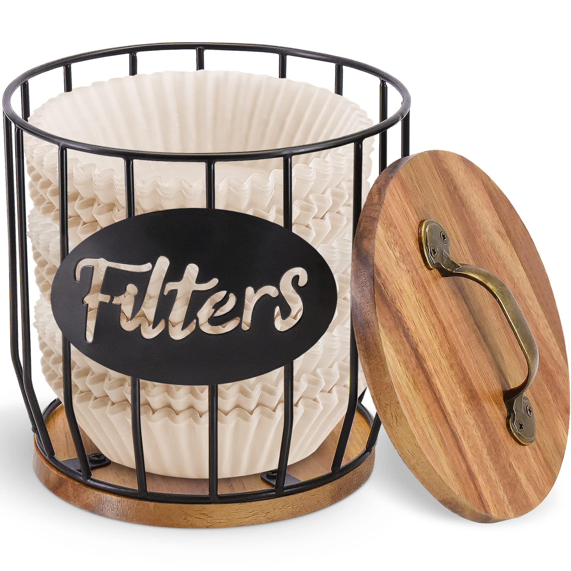 Rustic Coffee Filter Holder with Lid – Metal & Acacia Wood