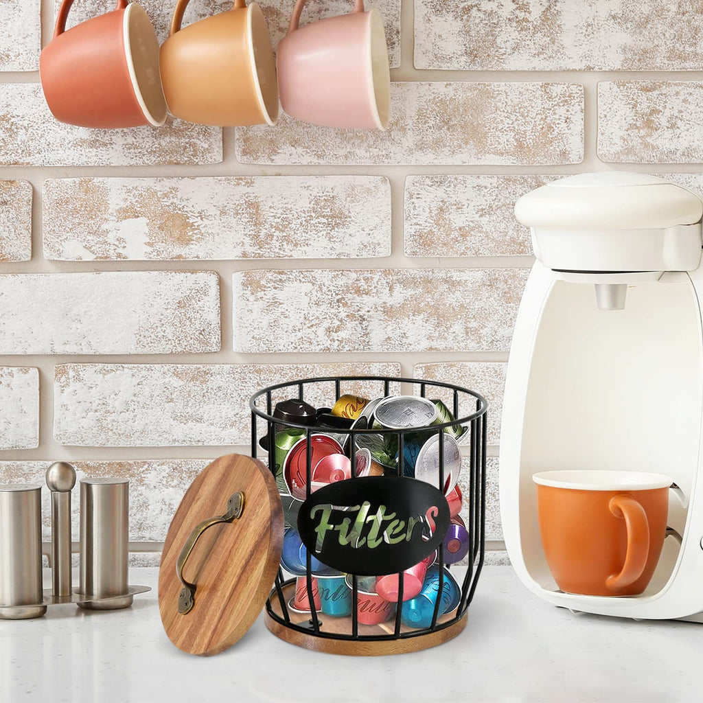 Rustic Coffee Filter Holder with Lid – Metal & Acacia Wood