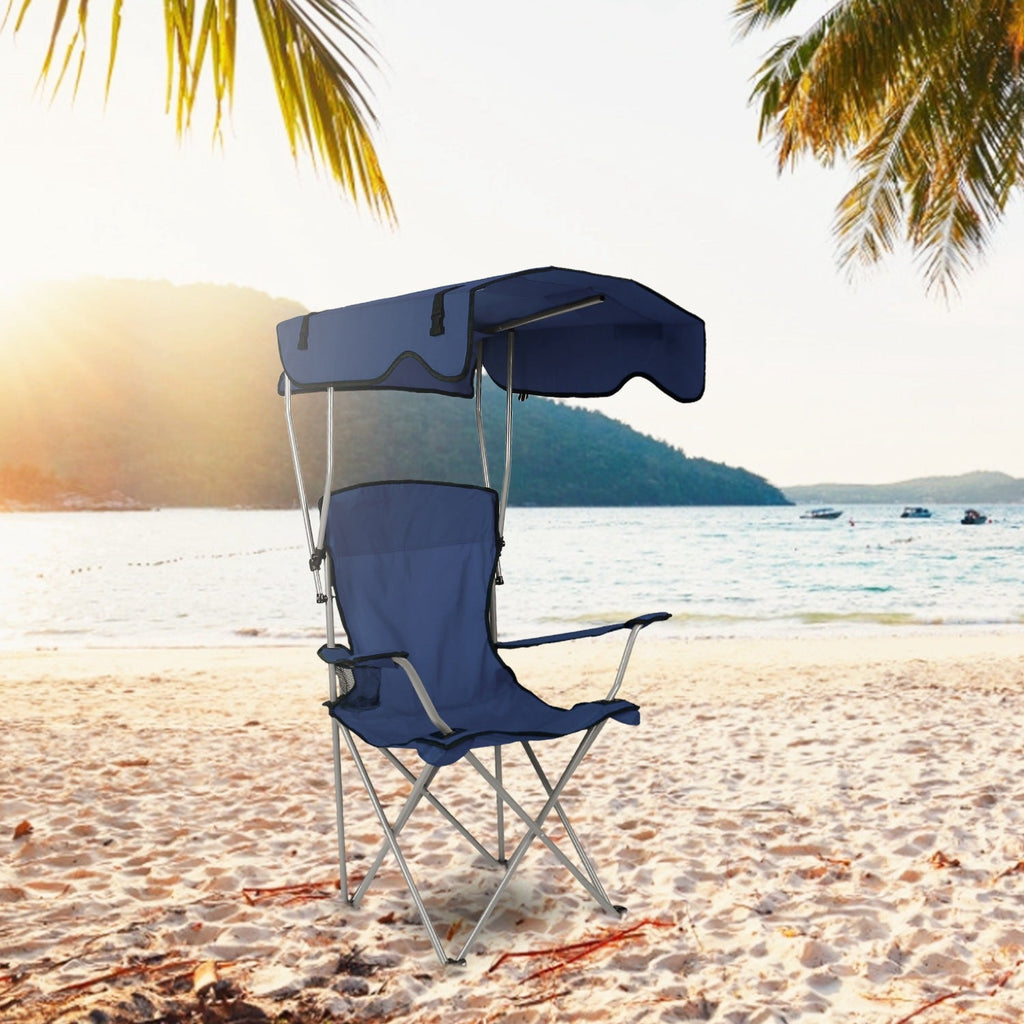Foldable Beach Canopy Chair with Sun Protection & Cup Holder