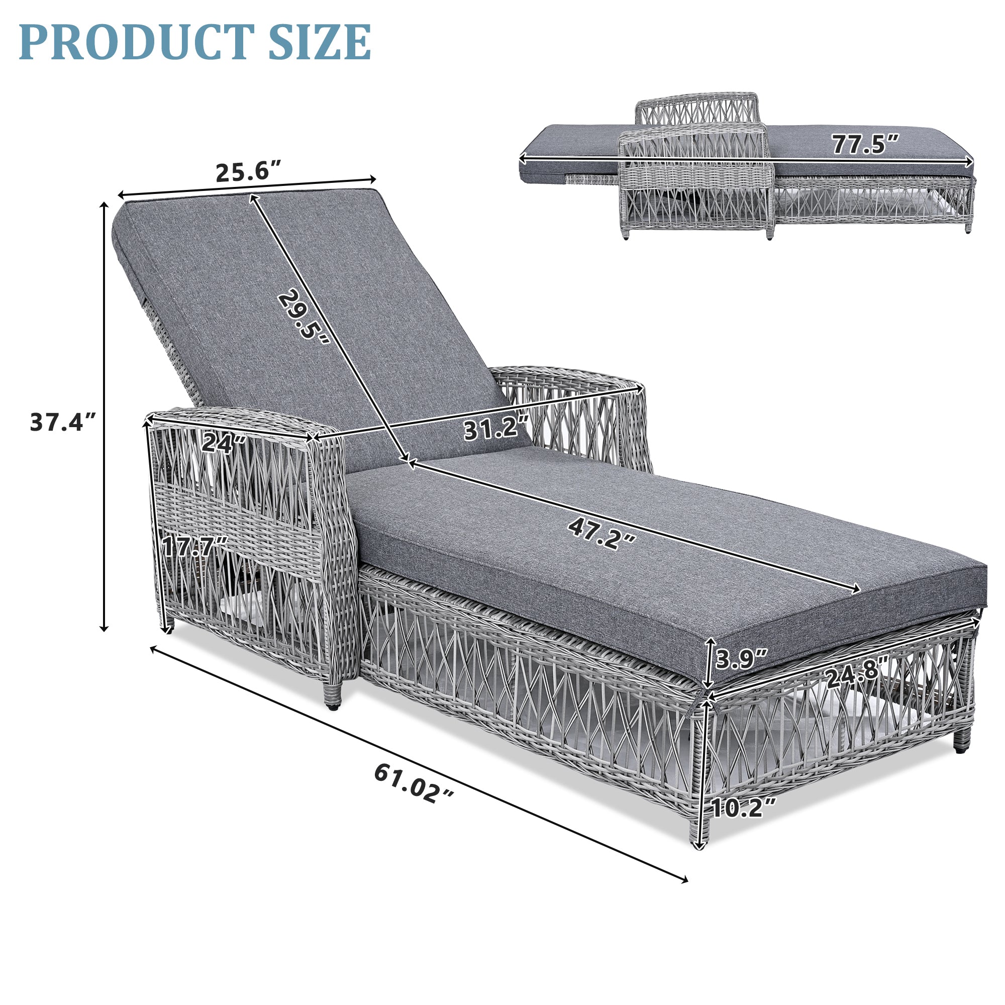 2 Pieces Long Reclining Chaise, Outdoor Wicker Lounge with Armrests, Patio