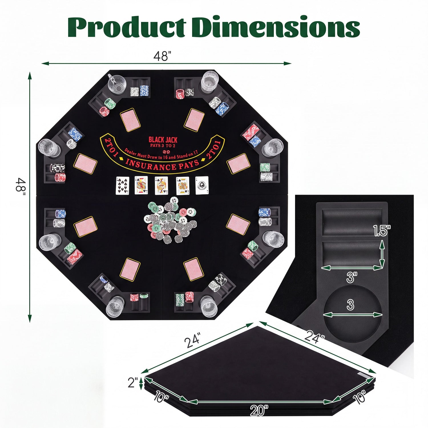 8-Player Foldable Poker Table Top with Cup Holders