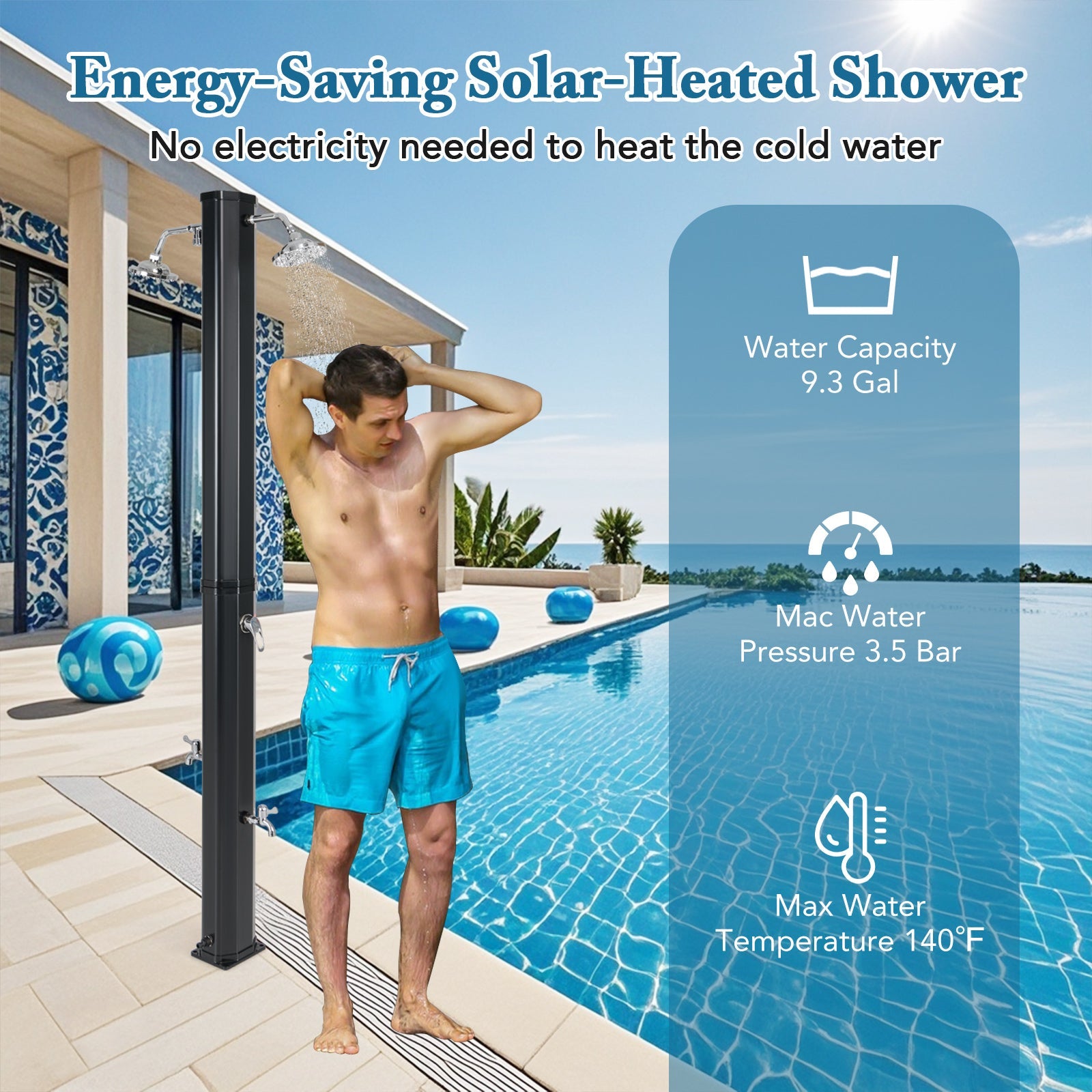 9.3 Gallon Solar Heated Outdoor Shower with Dual Shower Heads – Black
