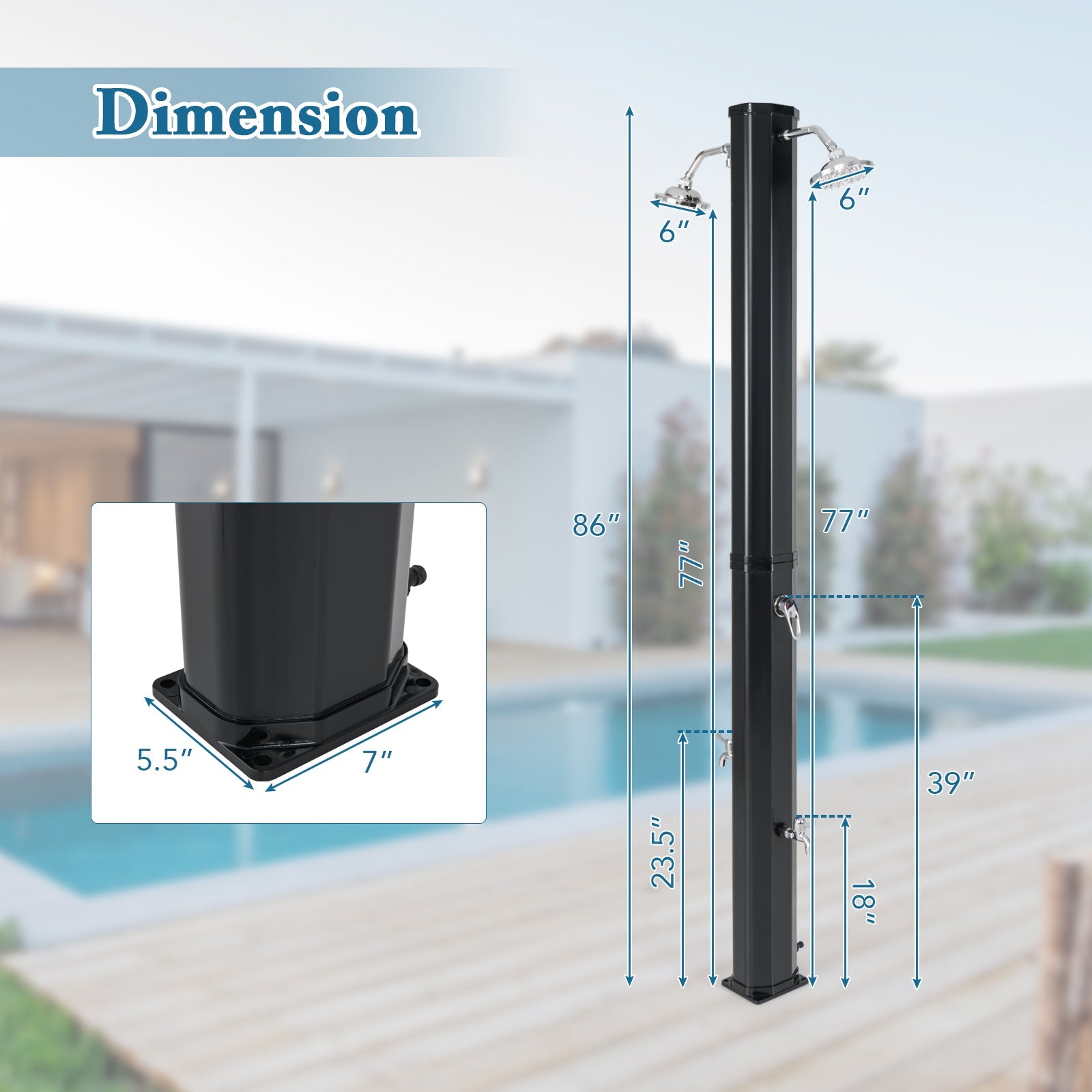 9.3 Gallon Solar Heated Outdoor Shower with Dual Shower Heads – Black