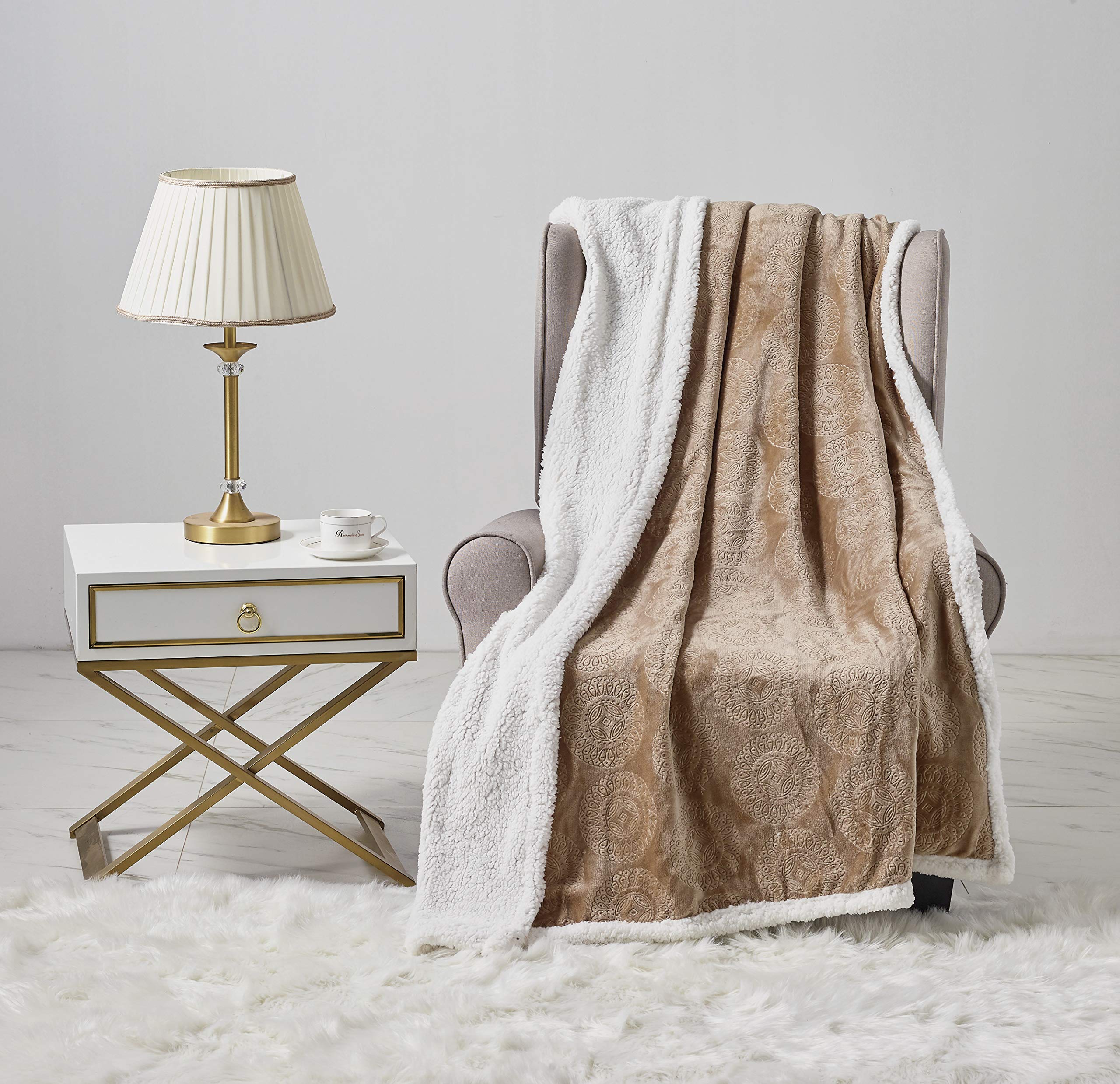 Decor&More Bon Iver Collection Extra Soft Mandala Embossed Microplush Throw Blanket with Sherpa Backing (50" x 60")