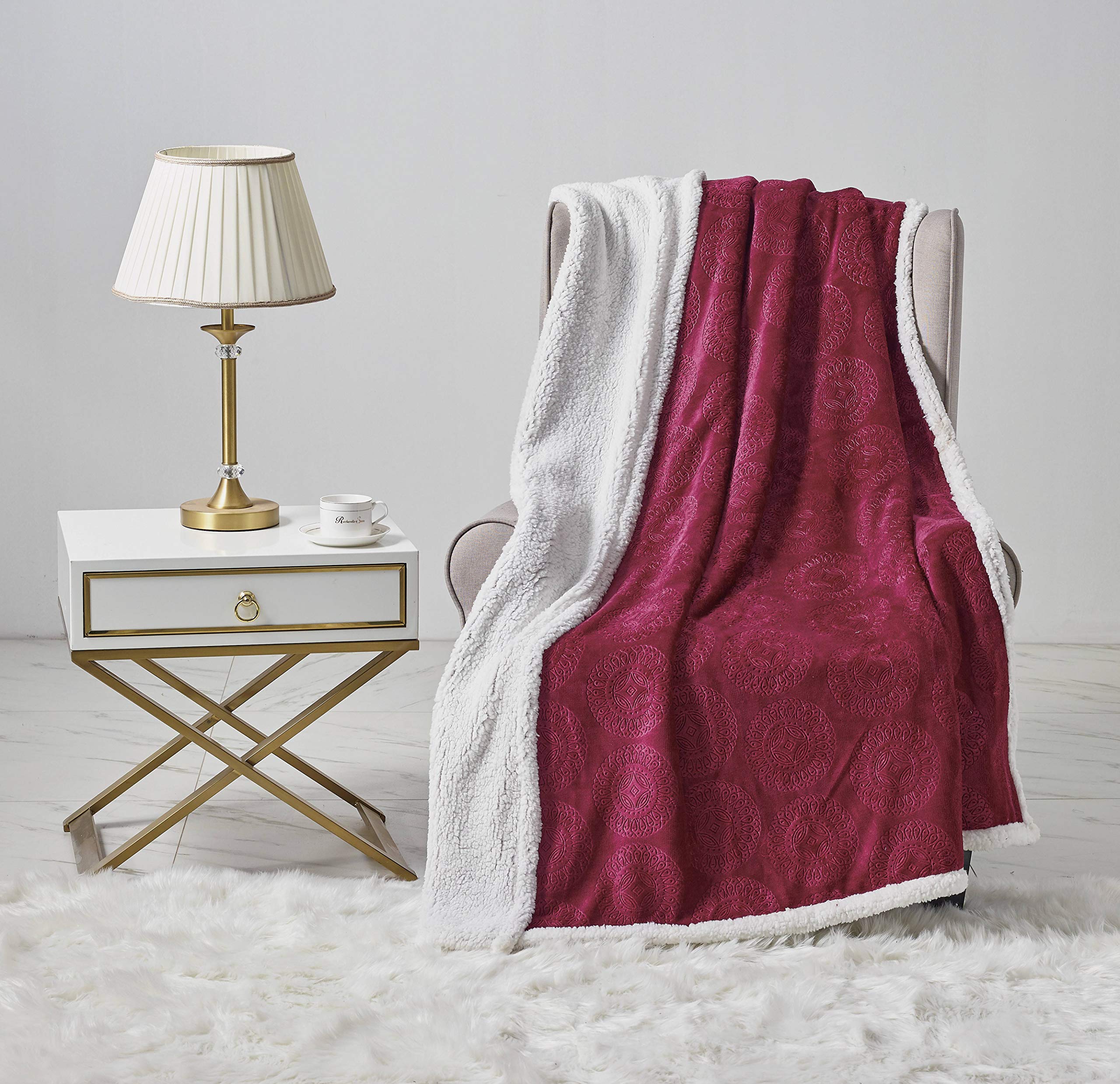 Decor&More Bon Iver Collection Extra Soft Mandala Embossed Microplush Throw Blanket with Sherpa Backing (50" x 60")