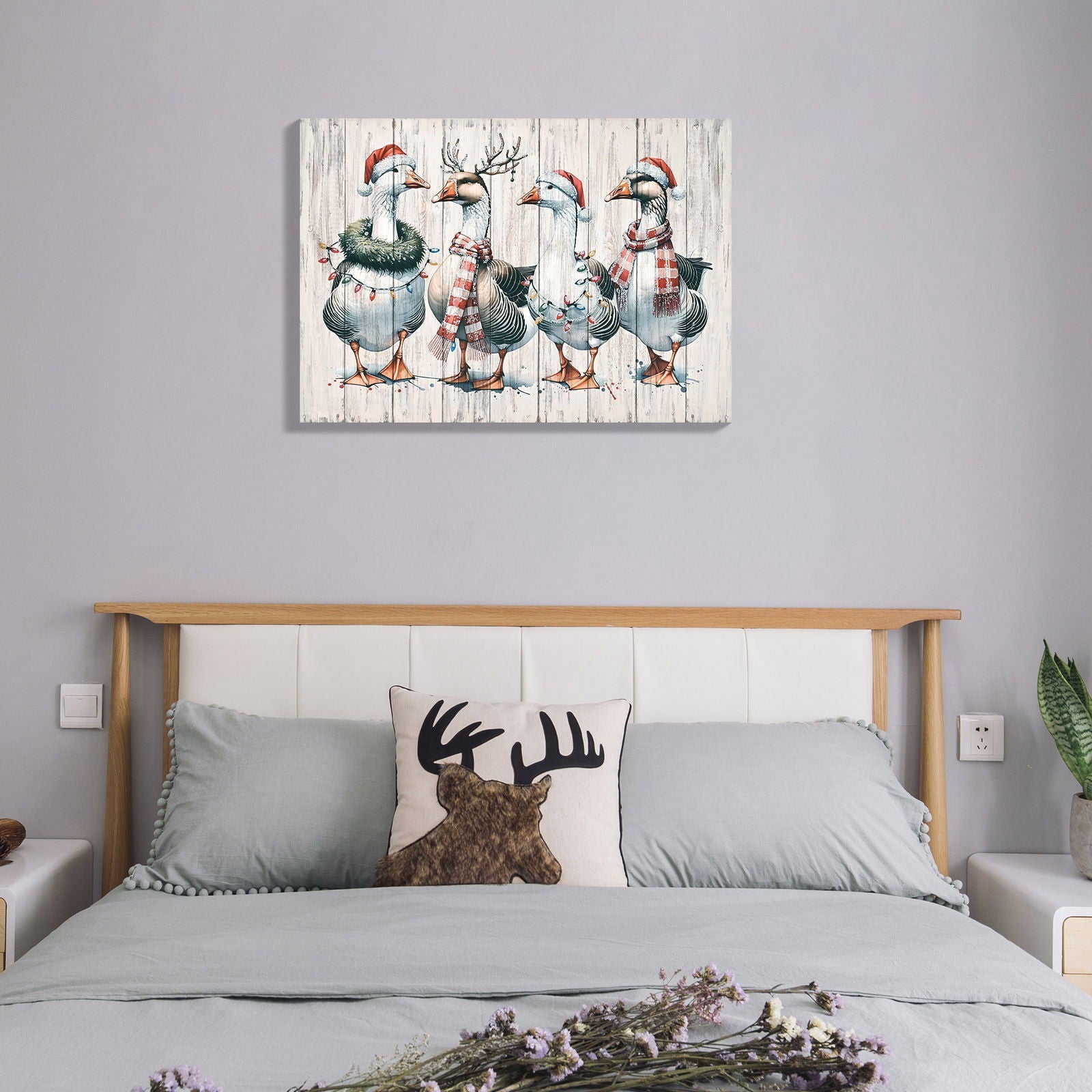 Framed Vintage Duck Wall Art Print, Christmas With Ornaments Watercolor Canvas Poster Wall Decor - Red Buffalo Check