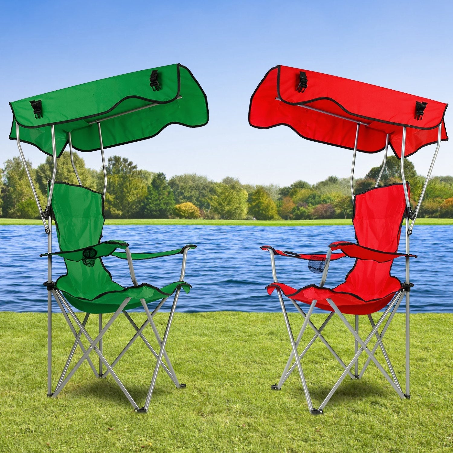 Foldable Beach Canopy Chair with Sun Protection & Cup Holder