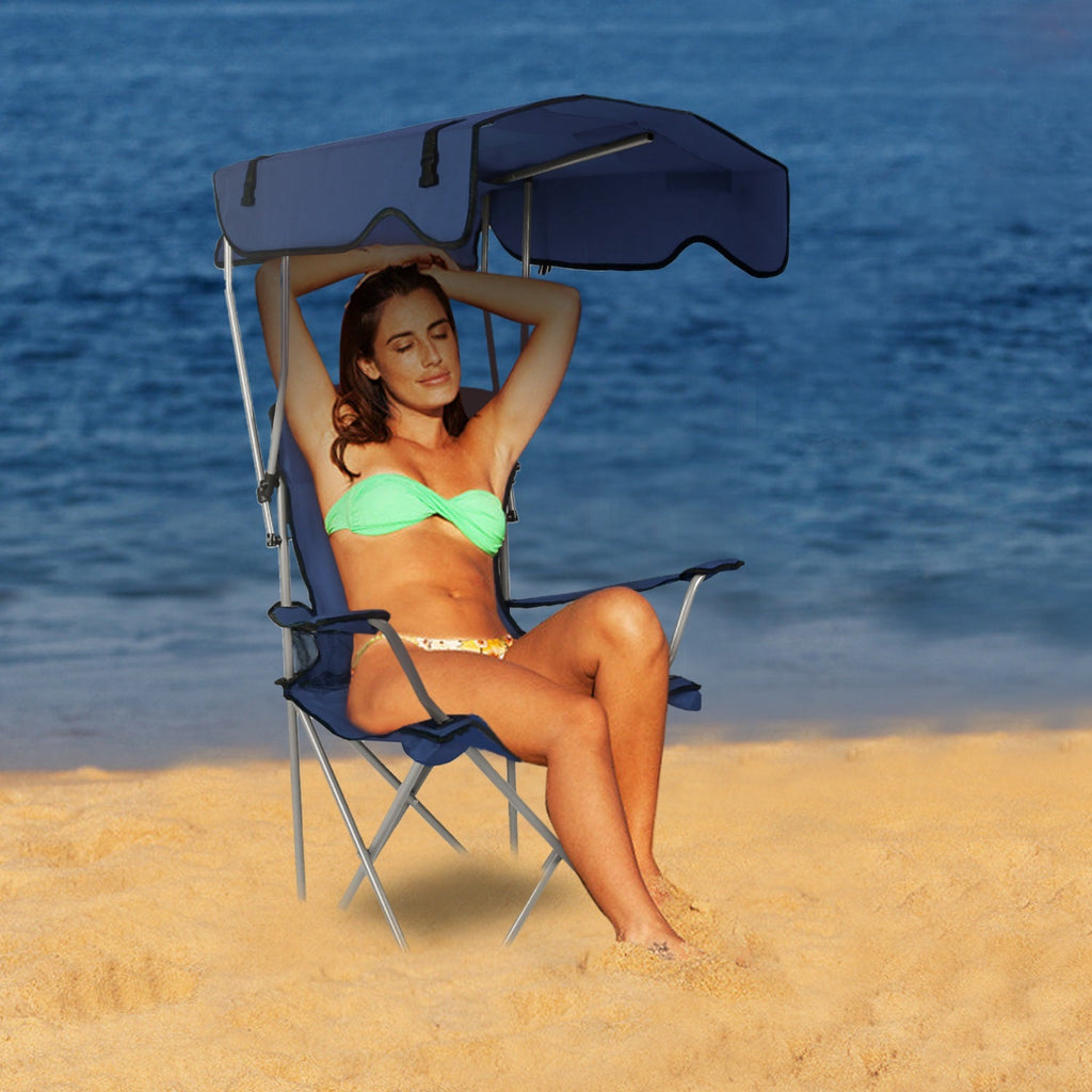 Foldable Beach Canopy Chair with Sun Protection & Cup Holder