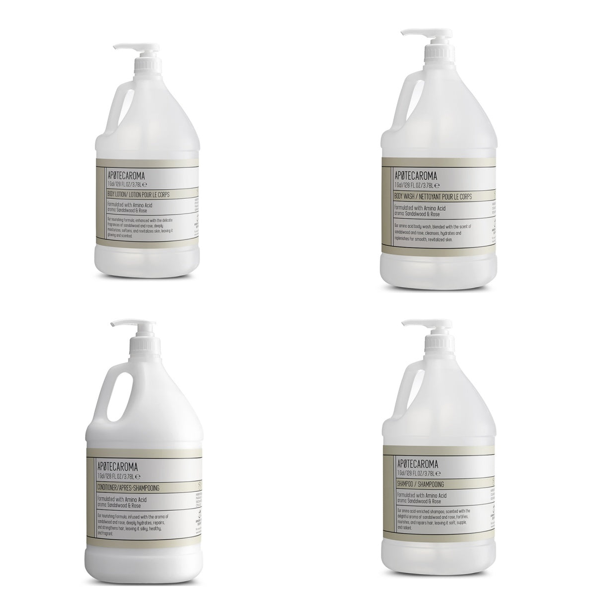 APOTECAROMA Bulk Refill Set – 1 Gallon Shampoo, Conditioner, Body Wash & Body Lotion (Sandalwood Rose)