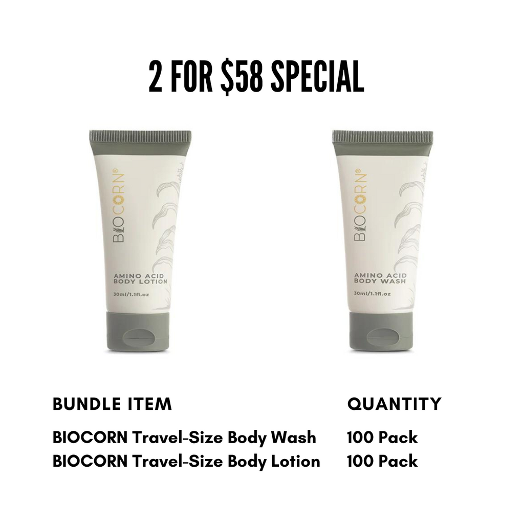 BIOCORN 200-Pack Body Wash & Lotion Bundle (2 for $58, 100 Pack Each)