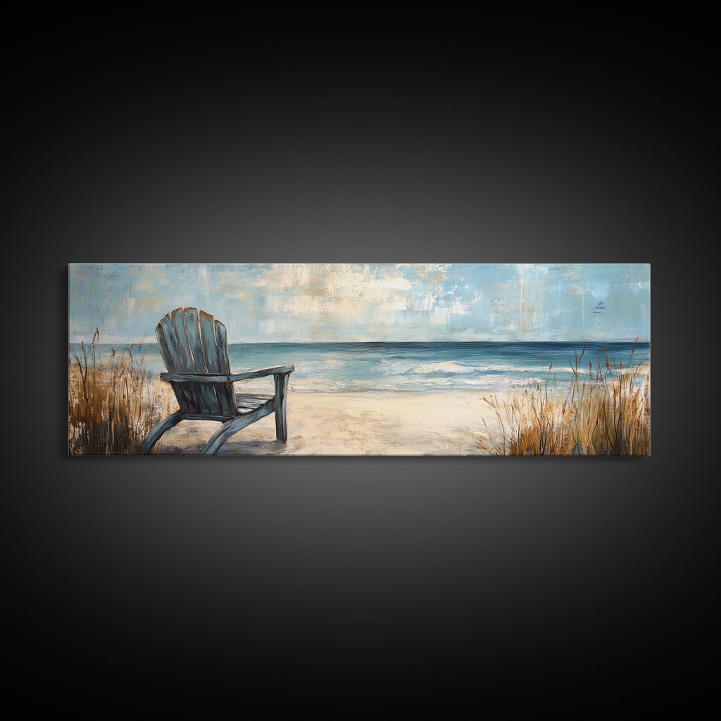 Adirondack Chair Beach Scene, Serene Coastal Landscape Art, Ocean View Wall Decor, Tranquil Bedroom, Framed Canvas Print