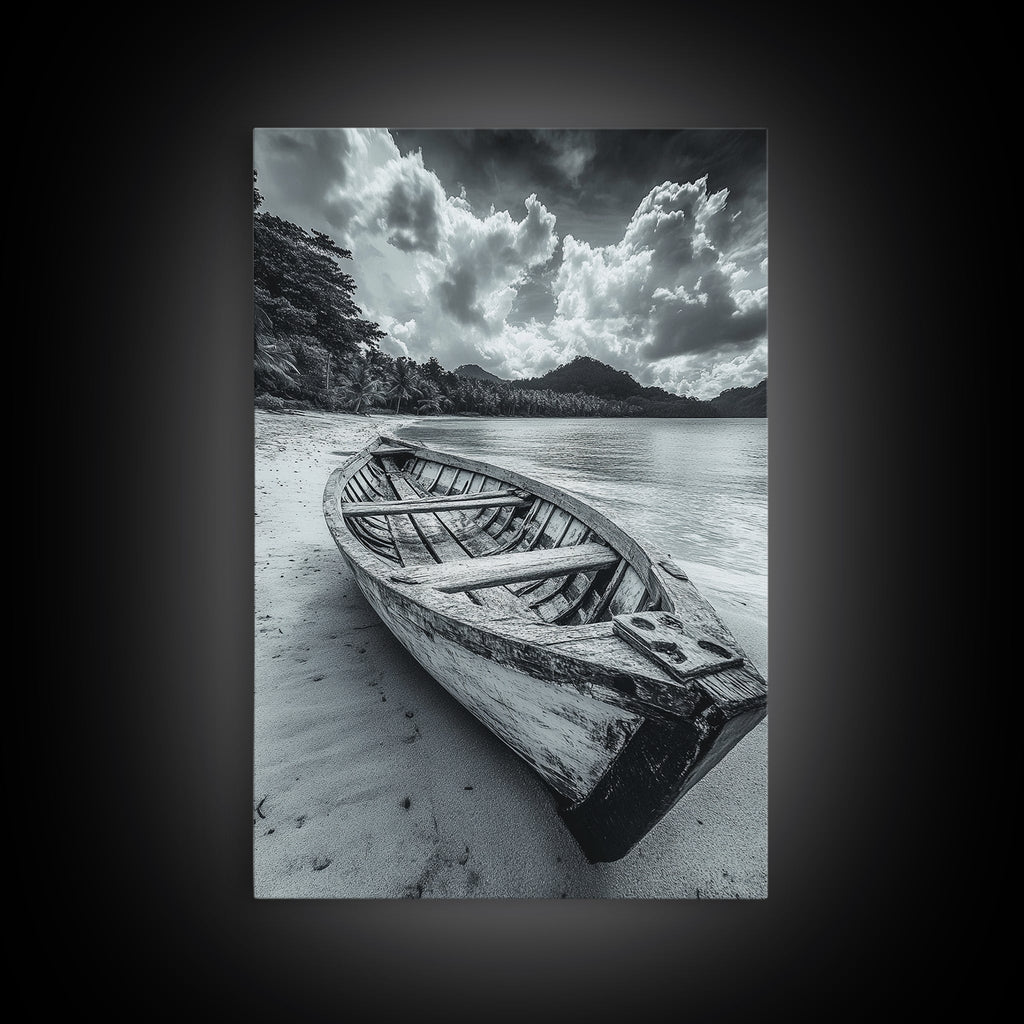 Abandoned Rowboat Coastal Black & White Canvas Print