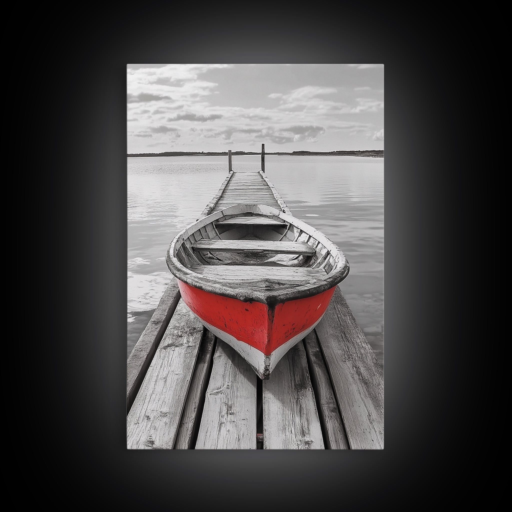 Red Rowboat Dock Minimalist Lake Scene Canvas Print