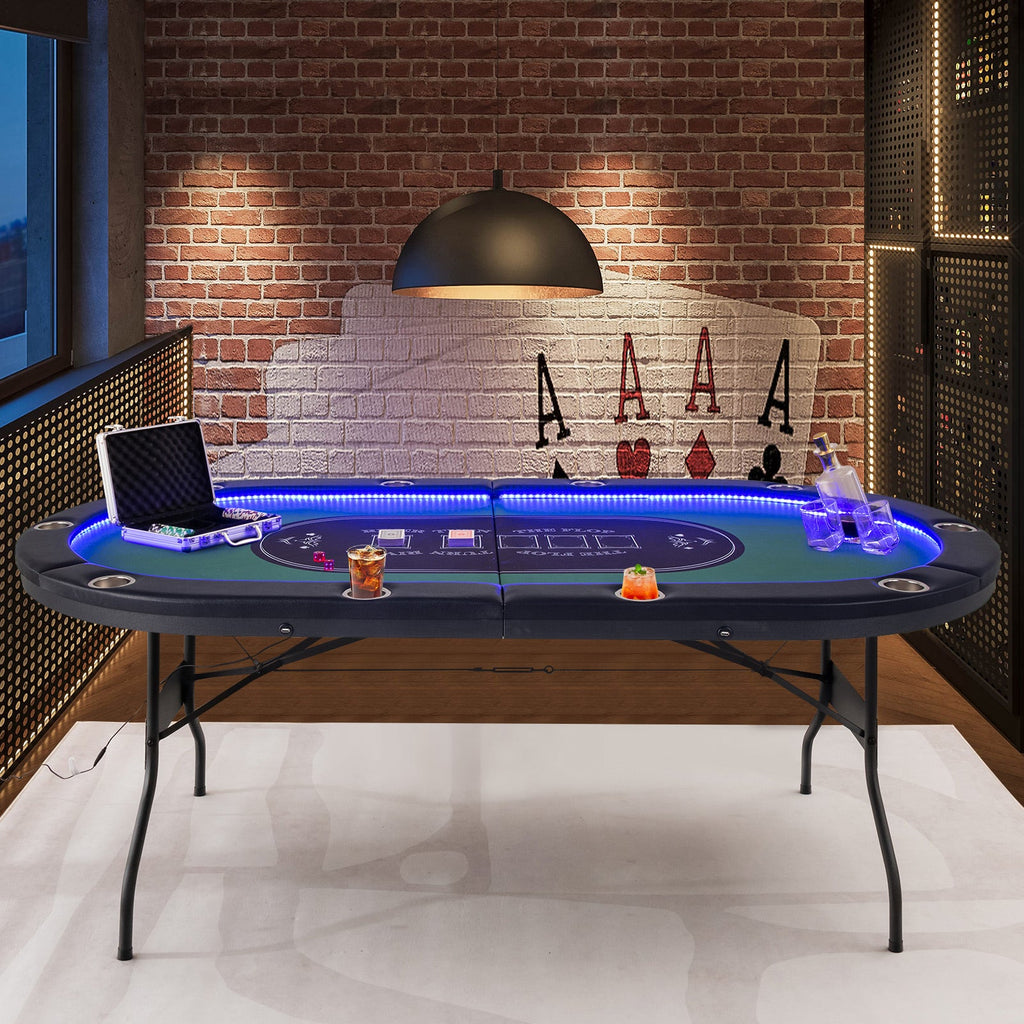 Foldable 10-Player Poker Table with LED Lights & USB Ports