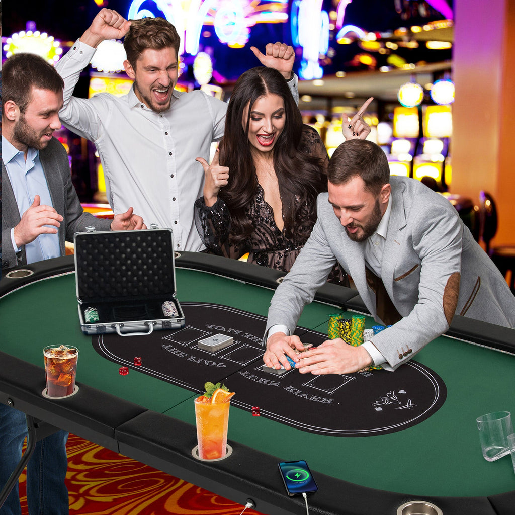 Foldable 10-Player Poker Table with LED Lights & USB Ports