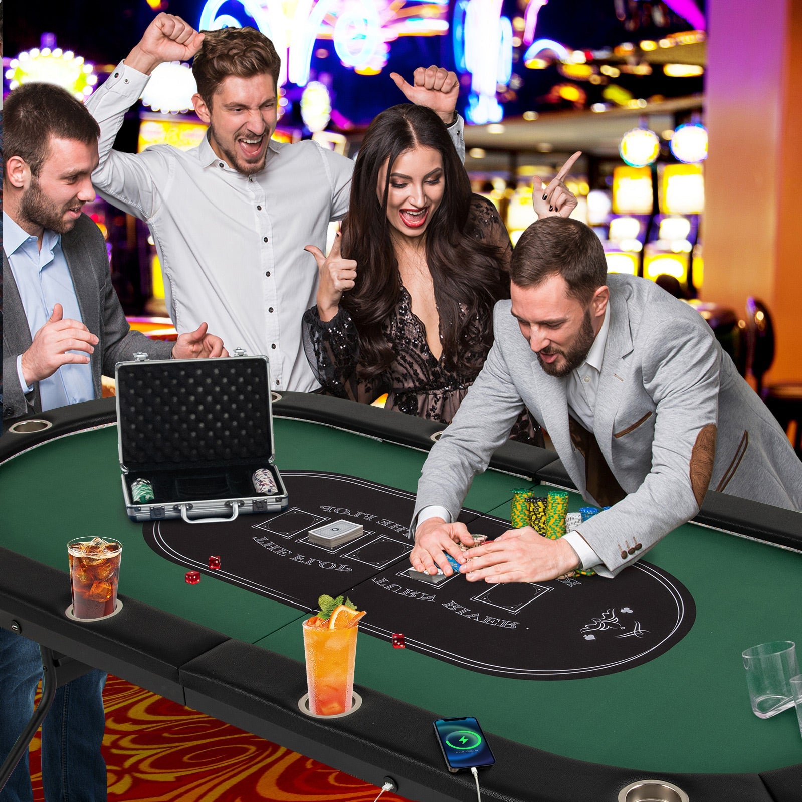 Foldable 10-Player Poker Table with LED Lights & USB Ports
