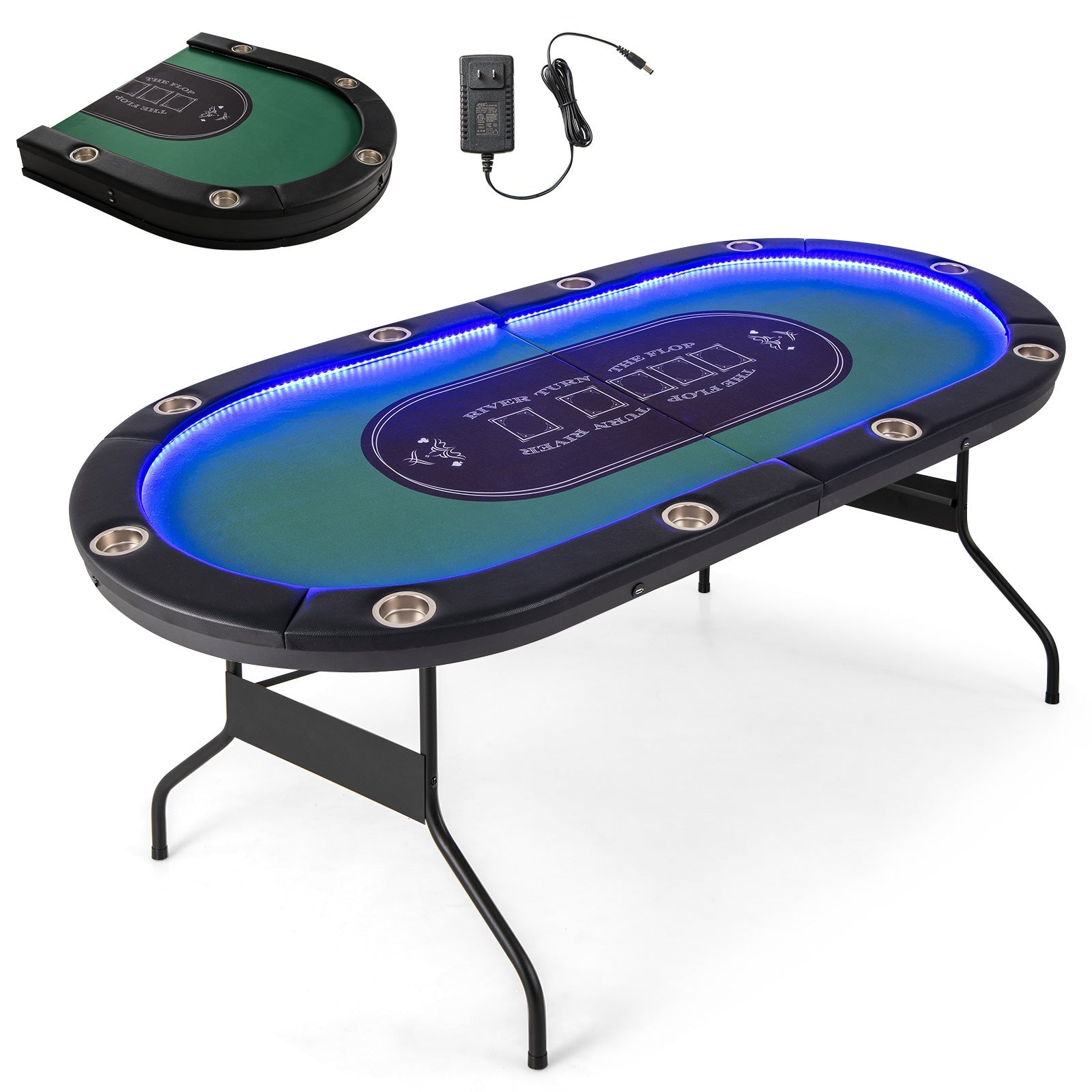 Foldable 10-Player Poker Table with LED Lights & USB Ports