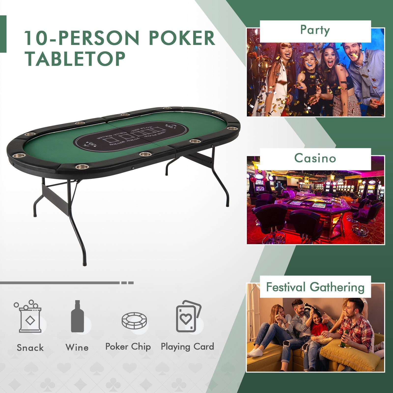 Foldable 10-Player Poker Table with LED Lights & USB Ports