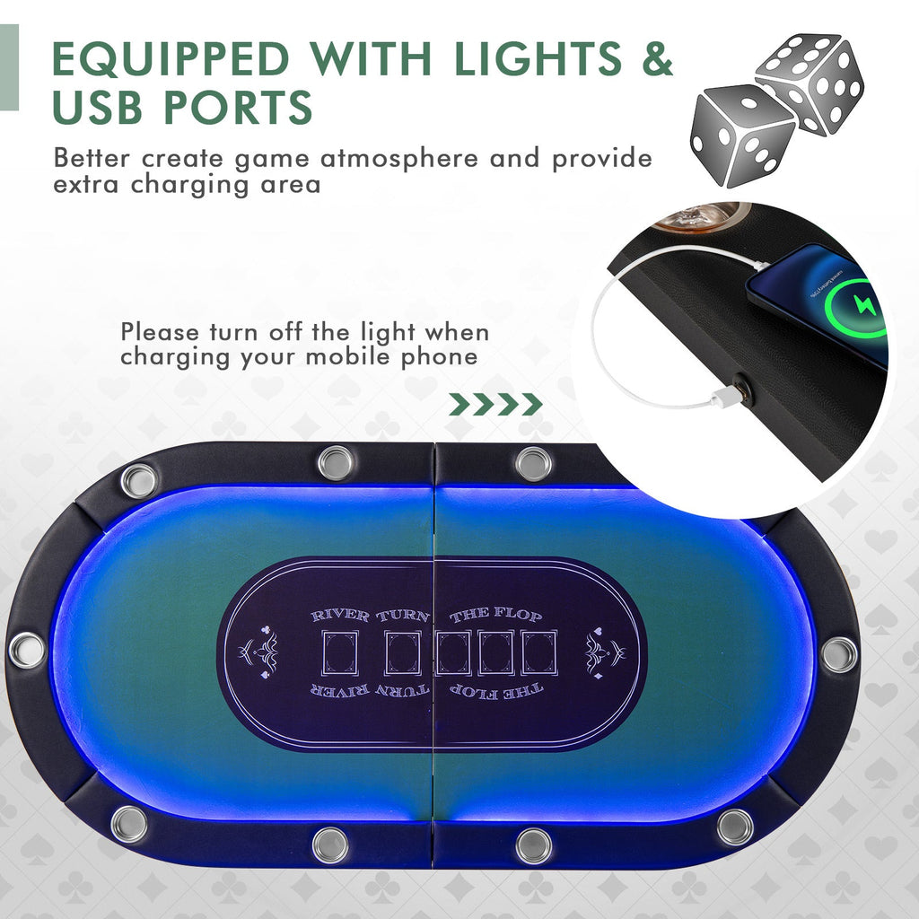 Foldable 10-Player Poker Table with LED Lights & USB Ports