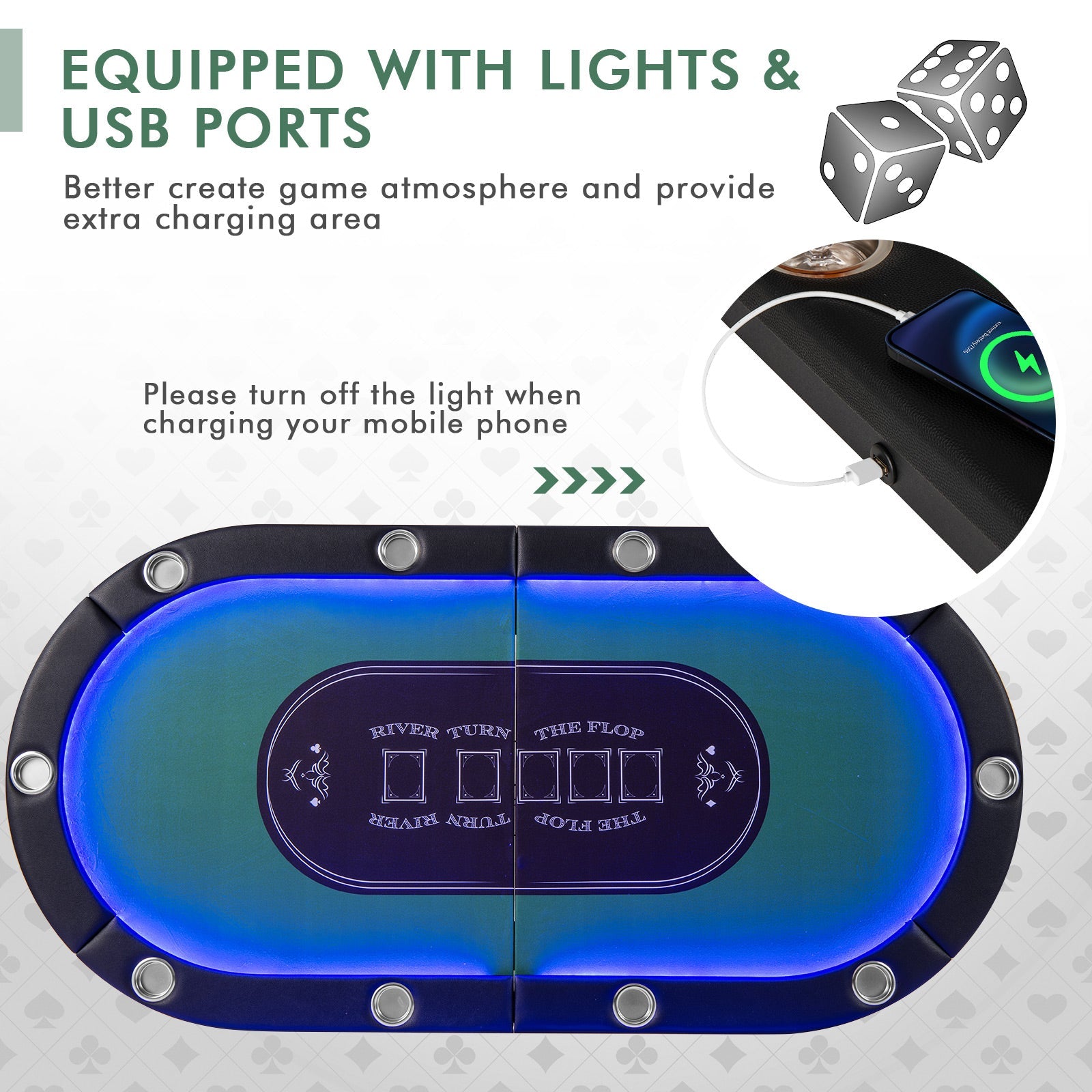 Foldable 10-Player Poker Table with LED Lights & USB Ports