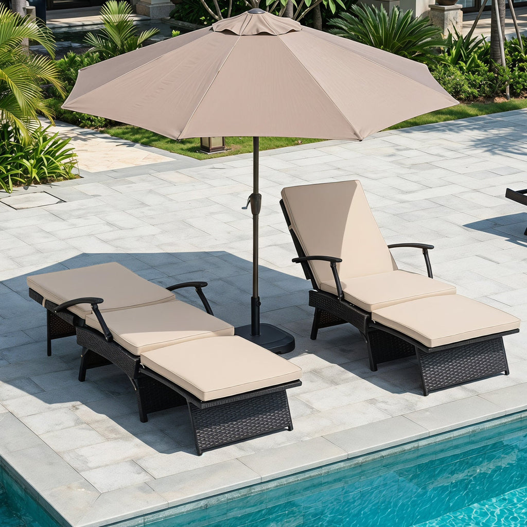 Folding Wicker Chaise Lounge with Adjustable Backrest & Ottoman