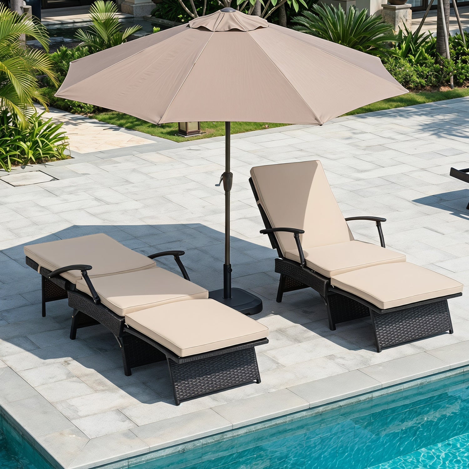 Folding Wicker Chaise Lounge with Adjustable Backrest & Ottoman