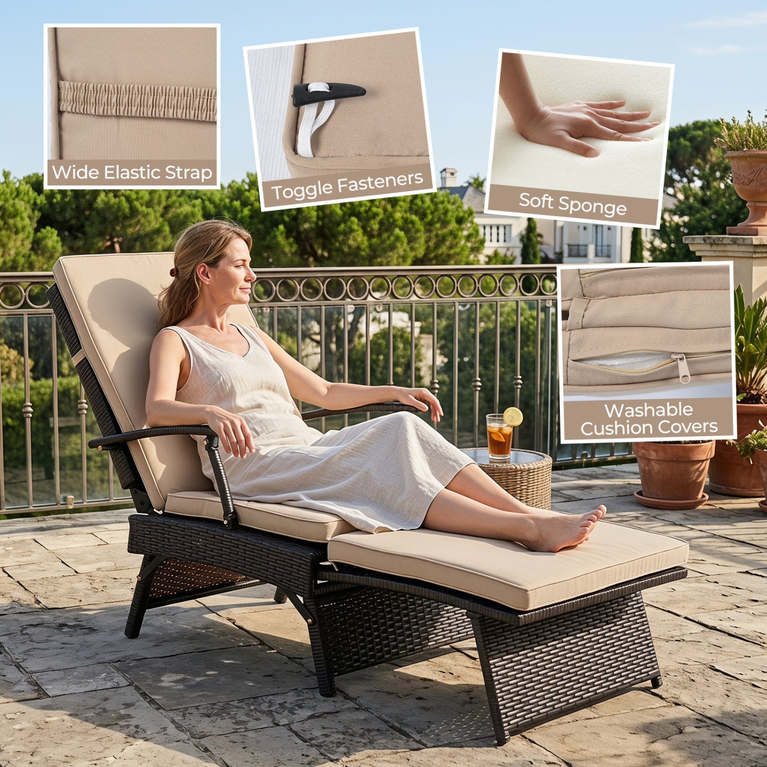 Folding Wicker Chaise Lounge with Adjustable Backrest & Ottoman