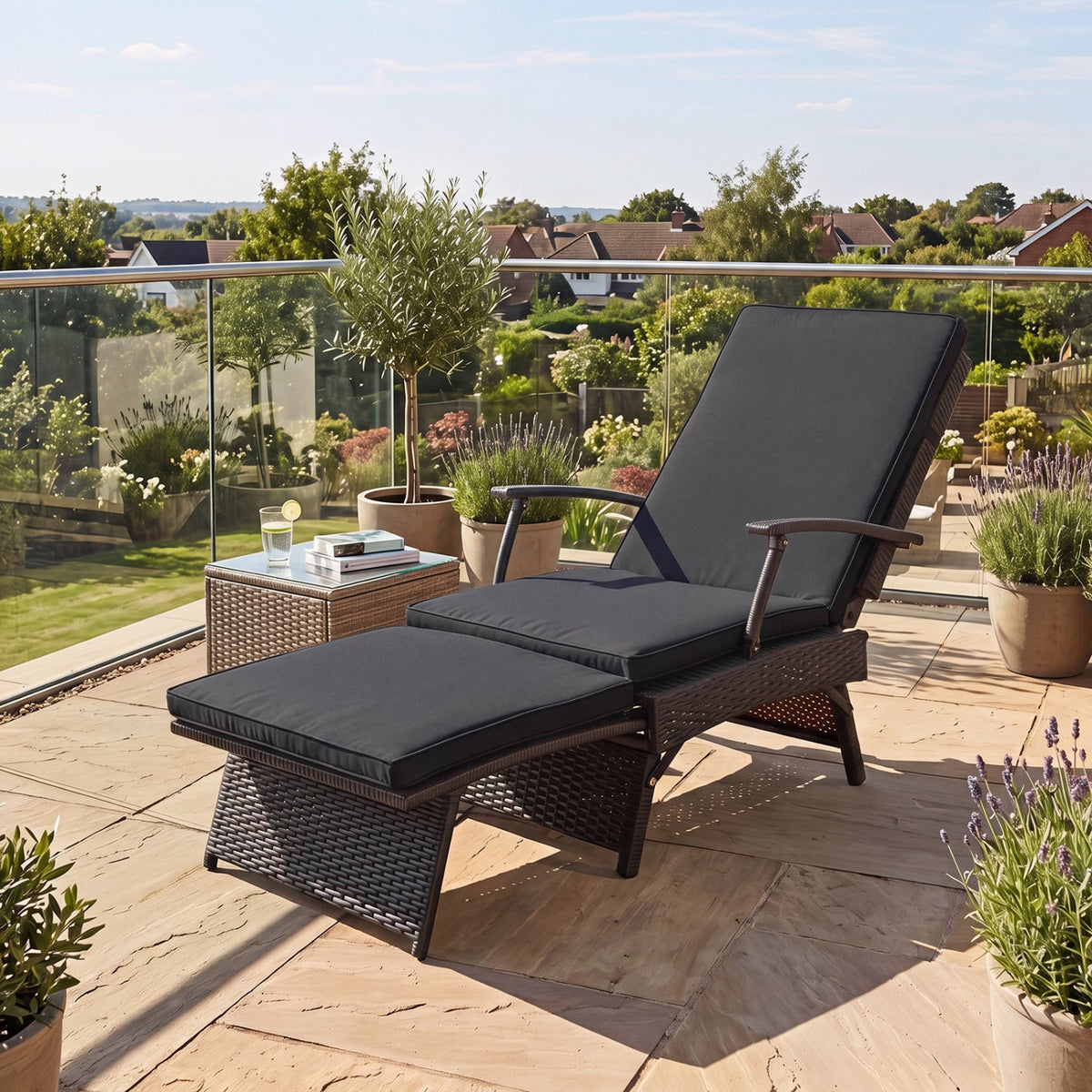Folding Wicker Chaise Lounge with Adjustable Backrest & Ottoman