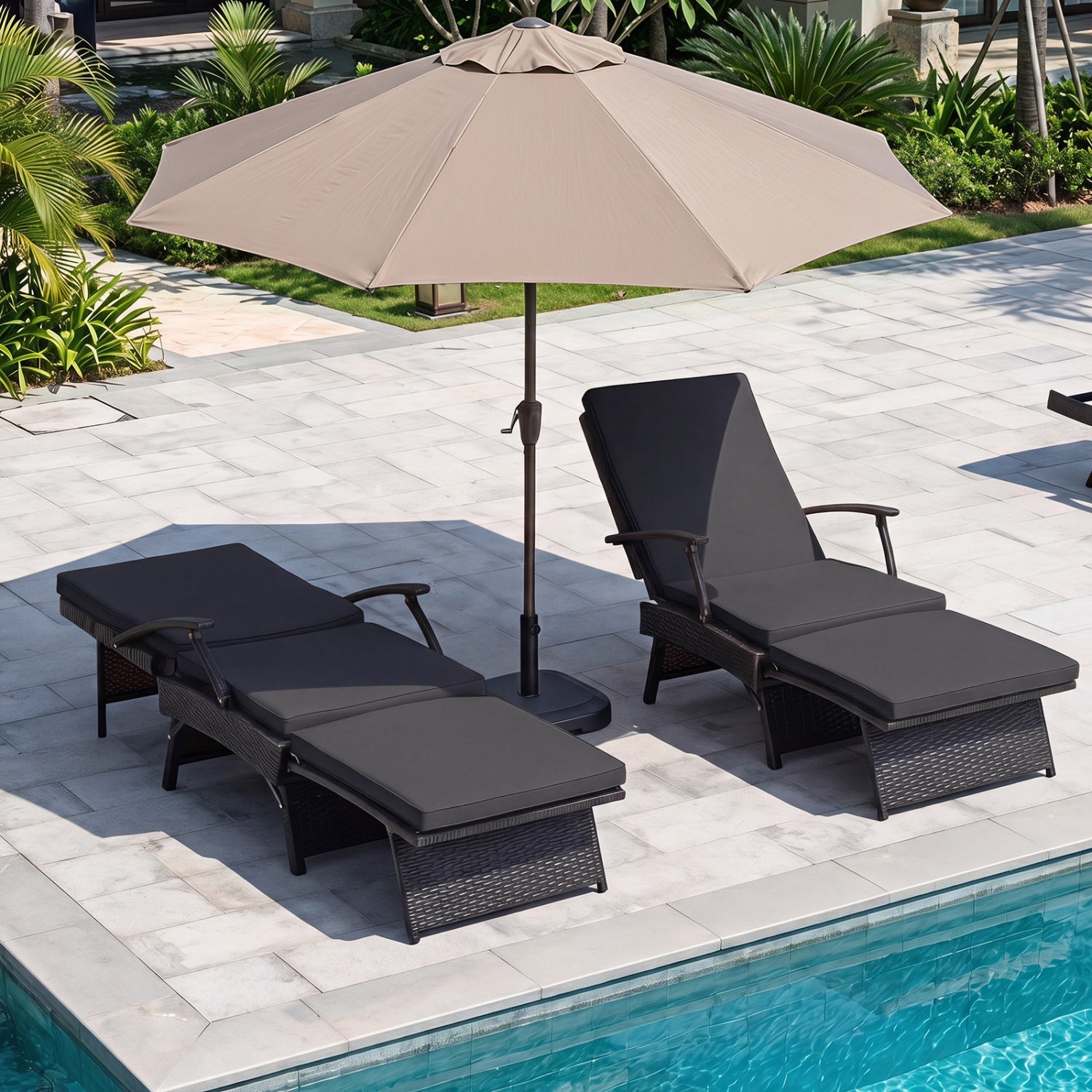 Folding Wicker Chaise Lounge with Adjustable Backrest & Ottoman