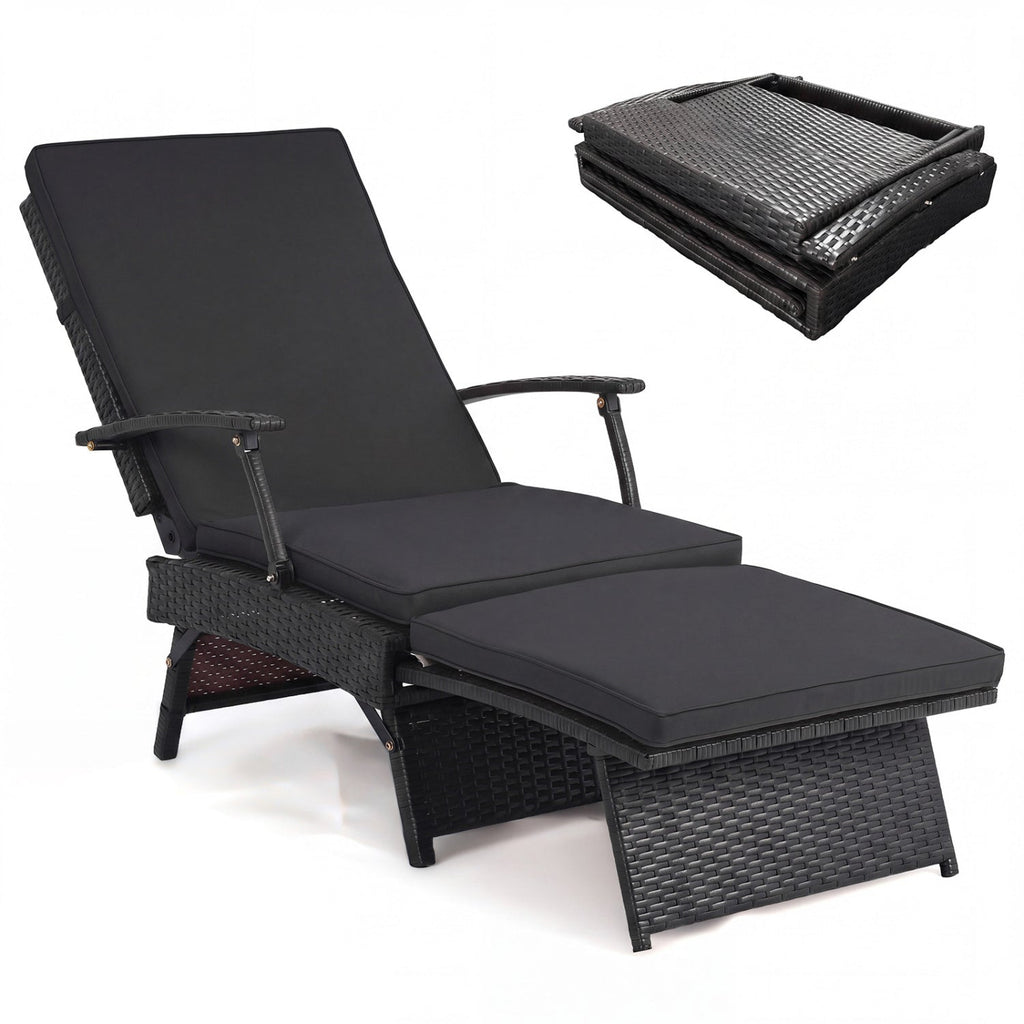 Folding Wicker Chaise Lounge with Adjustable Backrest & Ottoman