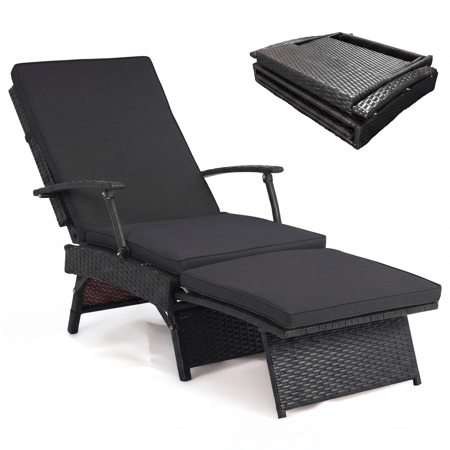 Folding Wicker Chaise Lounge with Adjustable Backrest & Ottoman