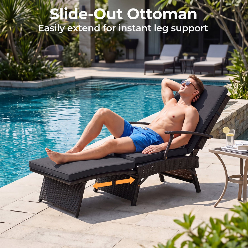 Folding Wicker Chaise Lounge with Adjustable Backrest & Ottoman