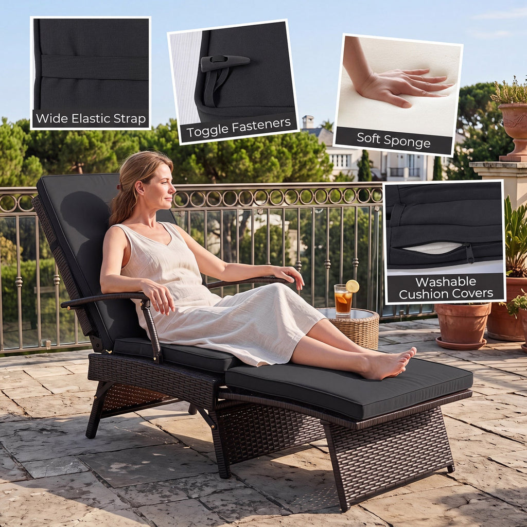 Folding Wicker Chaise Lounge with Adjustable Backrest & Ottoman