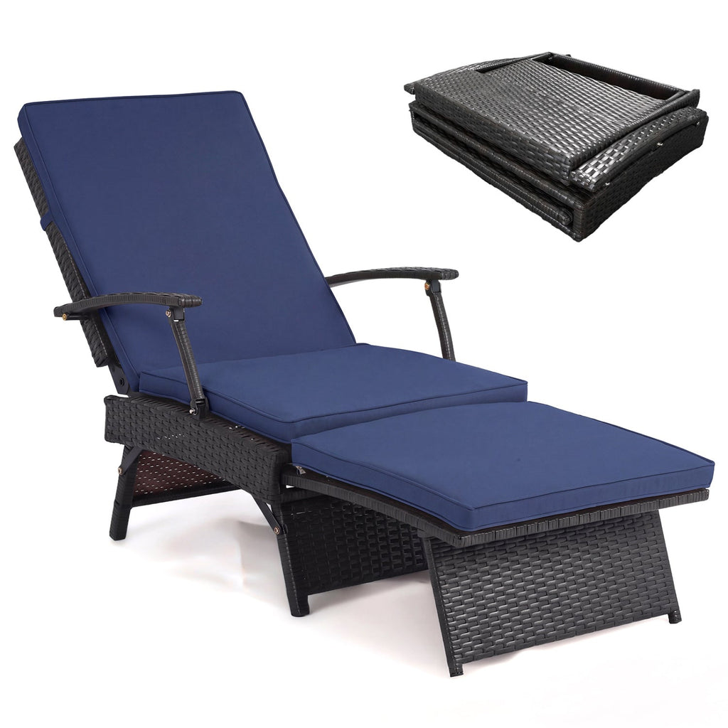 Folding Wicker Chaise Lounge with Adjustable Backrest & Ottoman