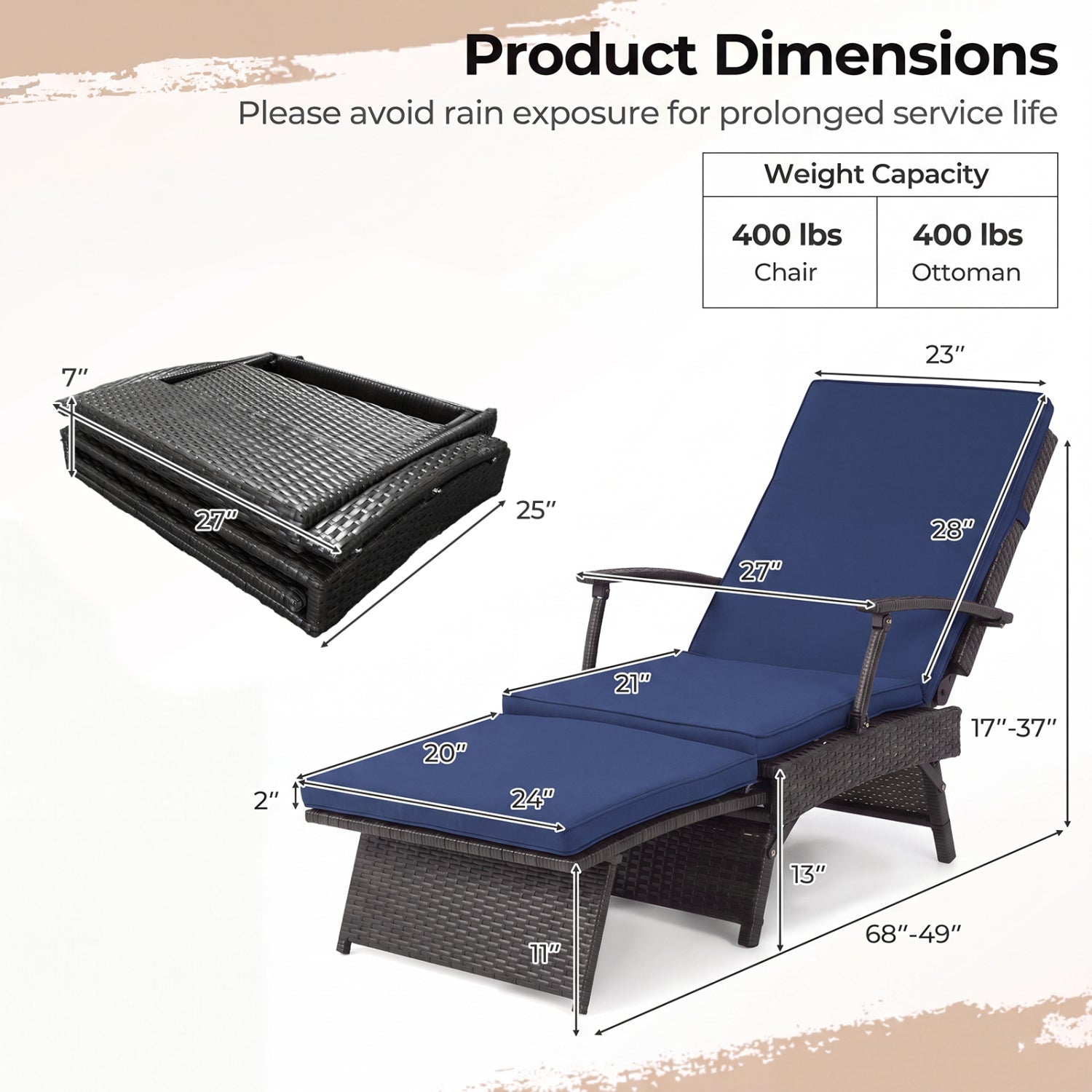 Folding Wicker Chaise Lounge with Adjustable Backrest & Ottoman