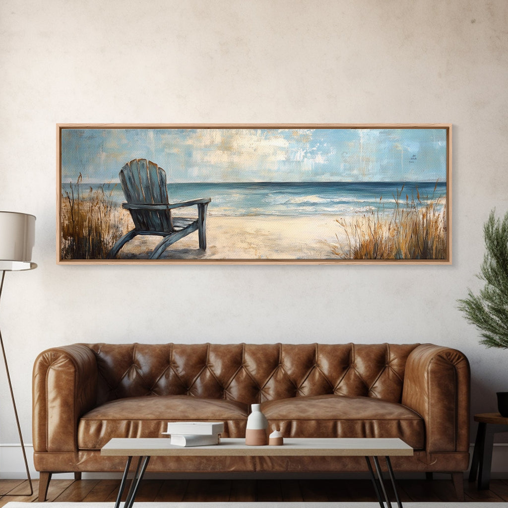 Adirondack Chair Beach Scene, Serene Coastal Landscape Art, Ocean View Wall Decor, Tranquil Bedroom, Framed Canvas Print